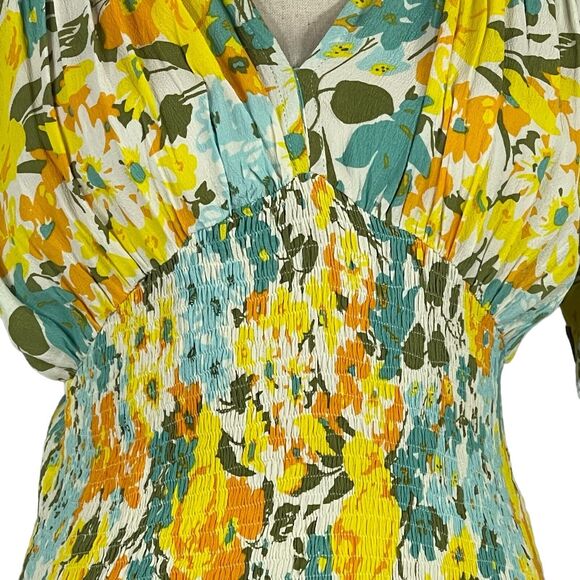 Faithfull The Brand SZ 4 Margherita Mini Dress Annina Floral V-Neck Smocked - Picture 2 of 7